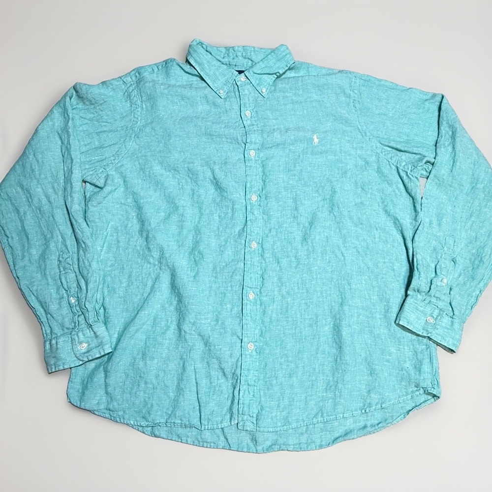 Ralph Lauren Linen Shirt XXL Classic RL Untucked Fit Turquoise Aqua Long Sleeve